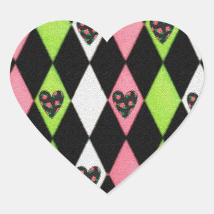 Farbenfroher Harlekin-Druck mit Rosenherzen Herz-Aufkleber
