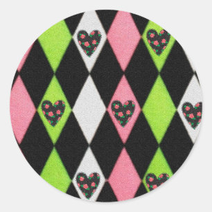 Farbenfroher Harlekin-Druck mit Rosenherzen Runder Aufkleber