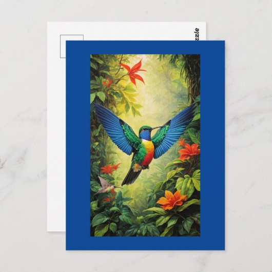 Farbenfroher Hummingbird, blauer Rahmen, Postkarte (Vorne/Hinten)