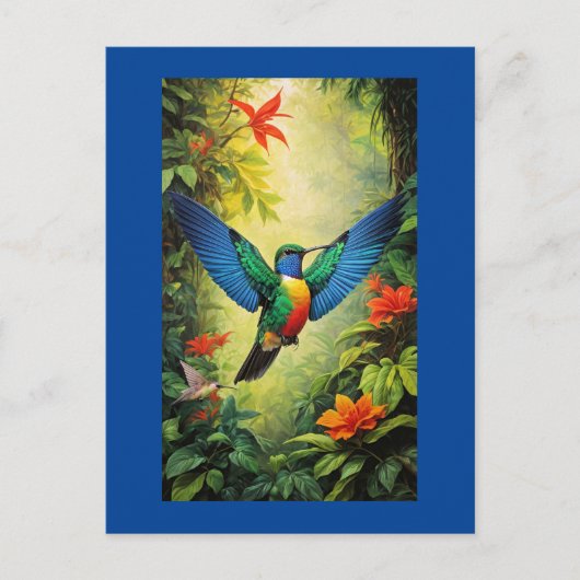 Farbenfroher Hummingbird, blauer Rahmen, Postkarte (Vorderseite)