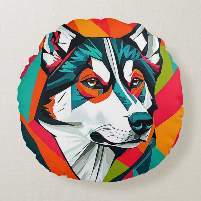 Farbenfroher Husky Rundes Kissen (Vorderseite)