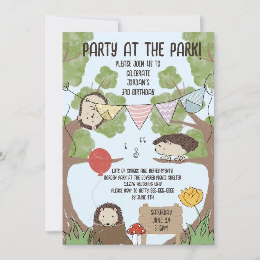 Farbenfroher Igel zeichnend Park Party Kindergebur Einladung (Vorderseite)