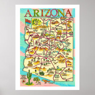 Farbenfroher illustrierter Arizona-Karten-Druck Poster