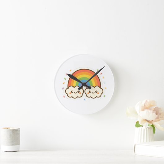 Farbenfroher Kawaii-Regenbogenpride Runde Wanduhr (Zuhause)