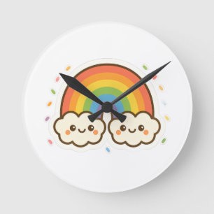 Farbenfroher Kawaii-Regenbogenpride Runde Wanduhr