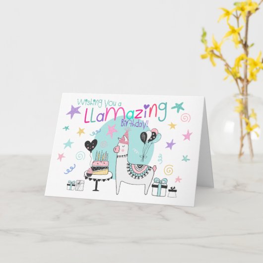 Farbenfroher Llamazing Day Llama Girl's Happy Birt Karte (Gelbe Blume)