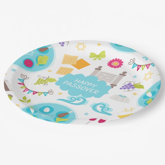 Farbenfroher, moderner Happy Pessach Pappteller (Schrägansicht)