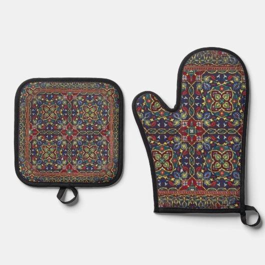 Farbenfroher orientalischer Teppich Ofenhandschuh & Topflappen-Set (Vorderseite)