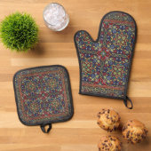 Farbenfroher orientalischer Teppich Ofenhandschuh & Topflappen-Set (Oben Unten)
