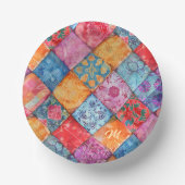 Farbenfroher Patchwork-Druck Monogramm Pappteller (Vorderseite)