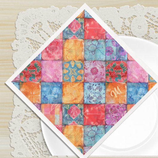 Farbenfroher Patchwork-Druck Monogramm Serviette