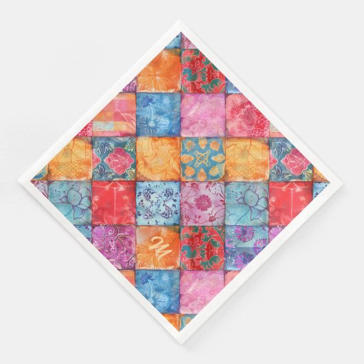 Farbenfroher Patchwork-Druck Monogramm Serviette (Ecke)
