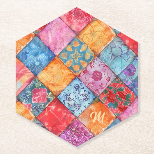 Farbenfroher Patchwork-Druck Monogramm Untersetzer (Vorderseite)