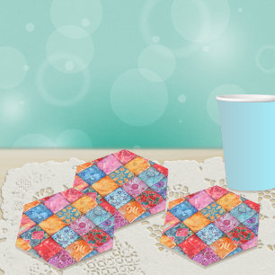 Farbenfroher Patchwork-Druck Monogramm Untersetzer