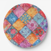 Farbenfroher Patchworkdruck Monogramm Pappteller (Vorderseite)