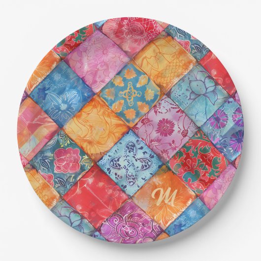 Farbenfroher Patchworkdruck Monogramm Pappteller (Vorderseite)