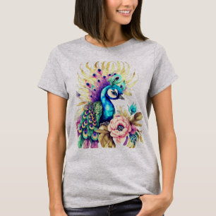 Farbenfroher Pfau auf Blume und Blätter T-Shirt
