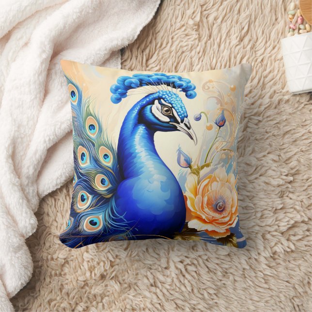 Farbenfroher Pfau zwischen lebhaften Blume Kissen (Decke)