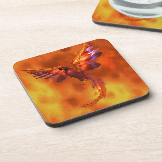 Farbenfroher Phönix fliegt vor einem frischen Hint Getränkeuntersetzer (Linke Seite)