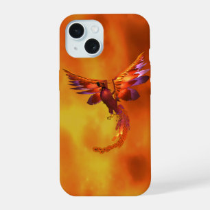 Farbenfroher Phönix fliegt vor einem frischen Hint iPhone 15 Hülle