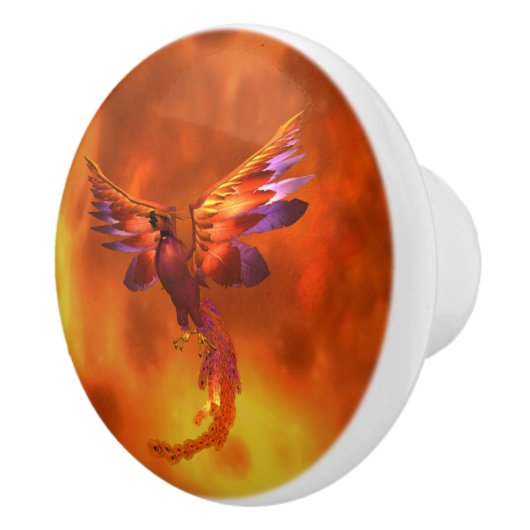 Farbenfroher Phönix fliegt vor einem frischen Hint Keramikknauf (Rechts)