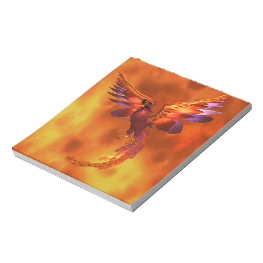 Farbenfroher Phönix fliegt vor einem frischen Hint Notizblock (Rotiert)