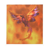 Farbenfroher Phönix fliegt vor einem frischen Hint Notizblock (Vorderseite)