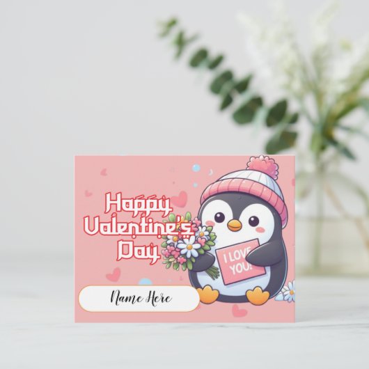 Farbenfroher Pinguin Valentinstag Postkarte (Stehend Vorderseite)