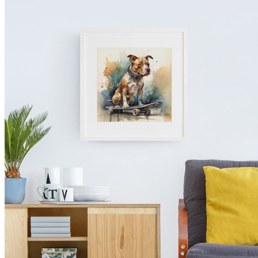 farbenfroher Pitbulle auf Skateboard Poster
