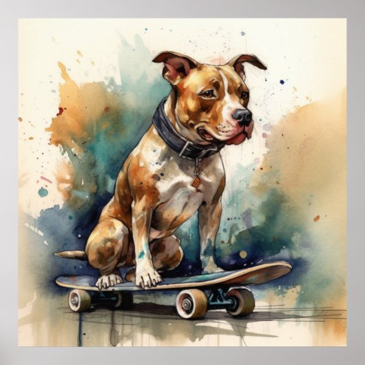 farbenfroher Pitbulle auf Skateboard Poster (Vorne)