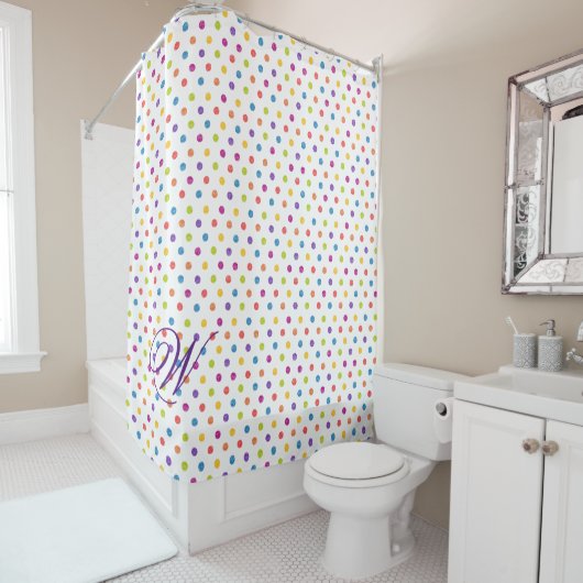 Farbenfroher Polka-Dot mit Monogram-Duschvorhang Duschvorhang (Beispiel)