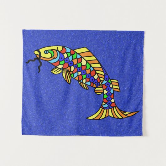 Farbenfroher Pop Art Fish Lebhafte blaue Glitzern Wandteppich (Vorderseite (Horizontal))