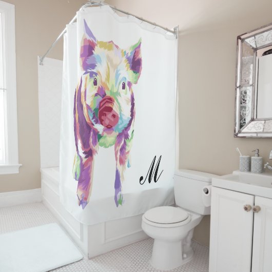 Farbenfroher Pop Art Pig Mit Monogramm Duschvorhan Duschvorhang (Beispiel)