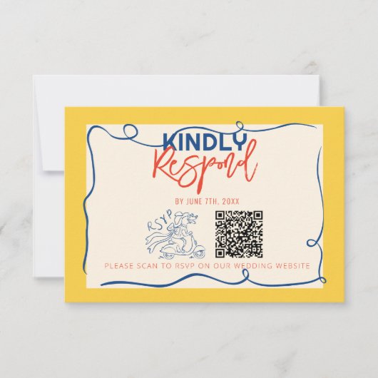 Farbenfroher QR-Code Handgeschriebener Quirky-Nied RSVP Karte (Vorderseite)
