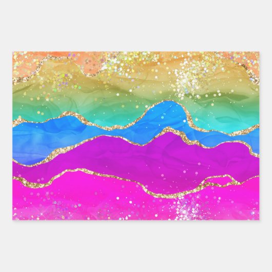 Farbenfroher Regenbogen-Sparkling-Glitzer Marble A Geschenkpapier Set (Vorderseite)