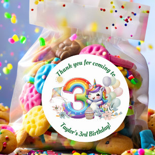 Farbenfroher Regenbogen und Einhorn 3. Geburtstag Runder Aufkleber