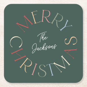 Farbenfroher Retro-Frohe-Weihnachten-Familienname Rechteckiger Pappuntersetzer