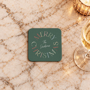 Farbenfroher Retro-Frohe-Weihnachten-Familienname Rechteckiger Pappuntersetzer