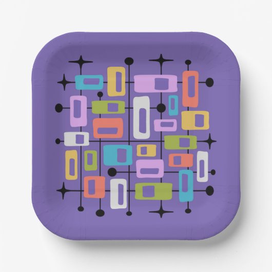 Farbenfroher Retro-Mid-Century-Modern-Atom-Abstrak Pappteller (Vorderseite)