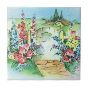 Farbenfroher Retro-Stil Vintage-Land-Blumengarten Fliese