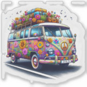 Farbenfroher Retro-Van mit Aufklebern und Blume Aufkleber (Vorderseite)