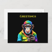 Farbenfroher Schimpanse mit einem Phone-Funny- Postkarte (Vorne/Hinten)