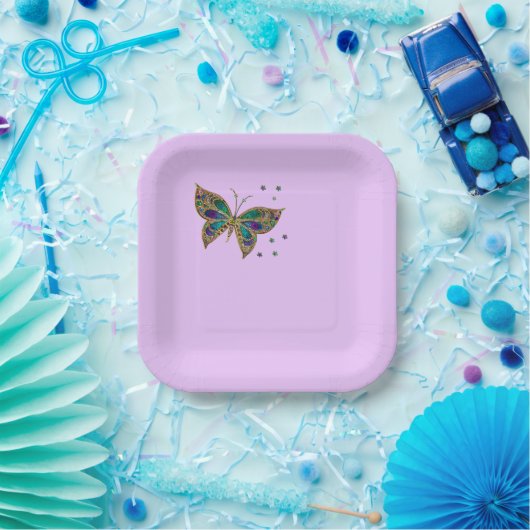 Farbenfroher Schmetterling im Lilac-Hintergrund Pappteller (Party)