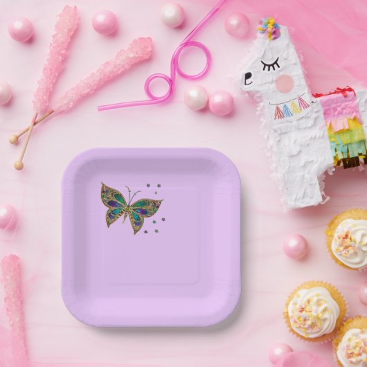 Farbenfroher Schmetterling im Lilac-Hintergrund Pappteller (Party)