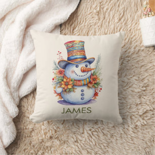 Farbenfroher Schneemann in einem Hut mit Wasserfar Kissen