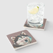 Farbenfroher sibirischer Husky-Marmor-Untersetzer Steinuntersetzer (Seitenansicht)