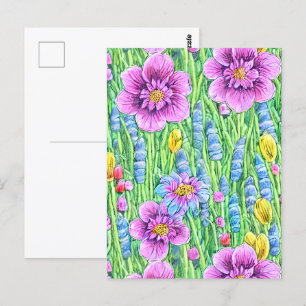 Farbenfroher Sommergarten Lila Blumen Grüne Postkarte