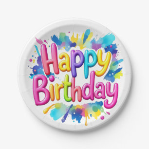 Farbenfroher Spritzer "Happy Birthday" Pappteller