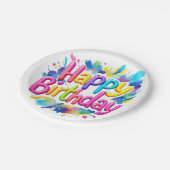 Farbenfroher Spritzer "Happy Birthday" Pappteller (Schrägansicht)