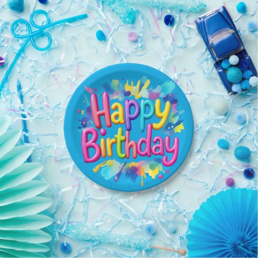 Farbenfroher Spritzer "Happy Birthday" Pappteller (Party)